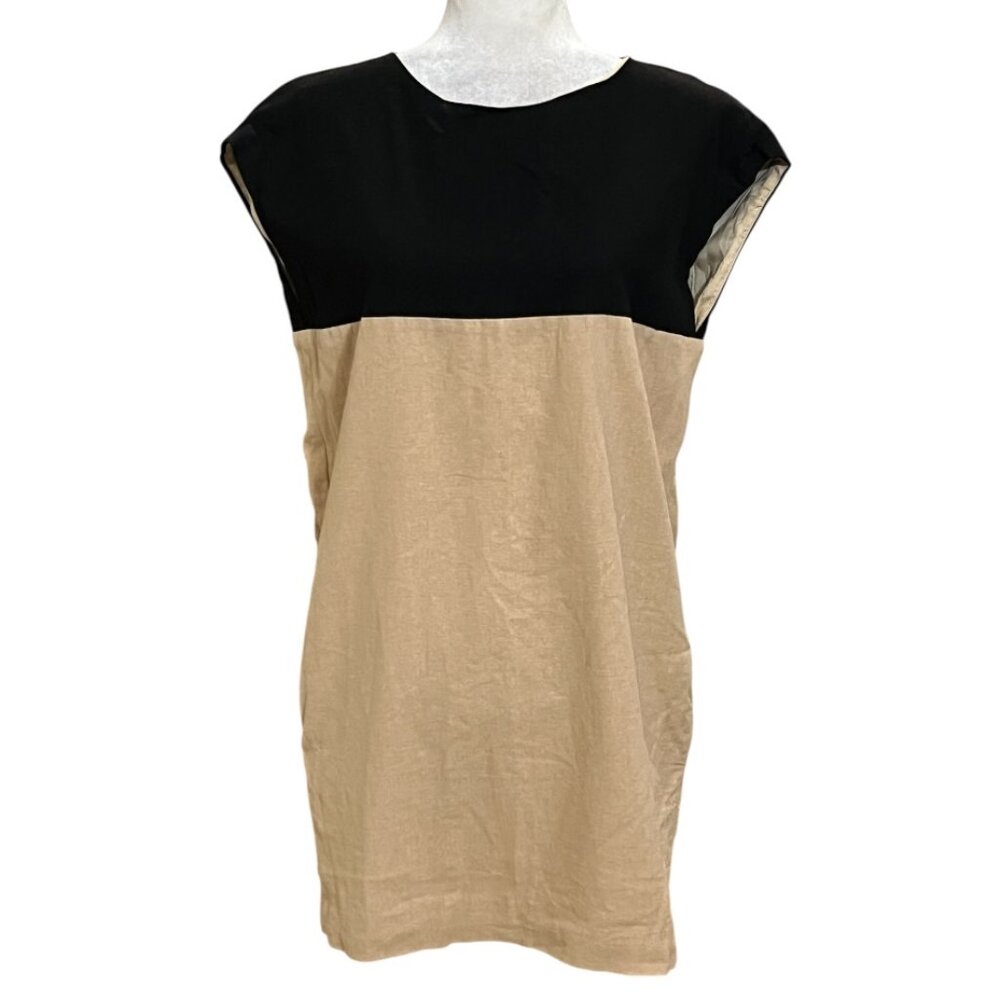 Mango MNG Collection Linen Blend Shift Dress Womens S Beige Black Minimalist